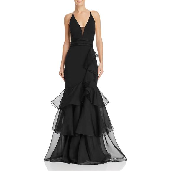 Aidan by Aidan Mattox Sleeveless Halter Ruffle Cocktail Gown Black Womens Size 6 - Picture 1 of 6